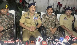 Brig Anirudh Chauhan, DIG South Kashmir CRPF Kulvir Singh Deswal, DIG SKR Javed Iqbal Matoo and SSP Kulgam, Sahil Sarangal addressing a joint press conference at Khanabal.