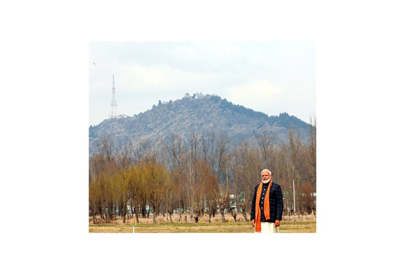Prime Minister Narendra Modi pays obeisance to Shankaracharya Hill during visit to Kashmir on Thursday.