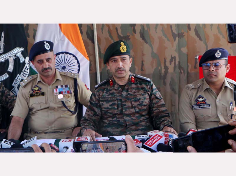 Commander 2 Sector Rashtriya Rifles (RR) and DIG South Kashmir range Javed Mattoo addressing a press conference at Headquarter Sector 1RR in Khanabal in South Kashmir's Anantnag district on Monday.